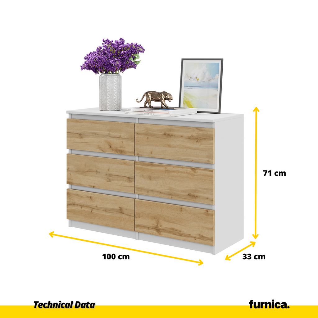 GABRIEL - Chest of 6 Drawers - Bedroom Dresser Storage Cabinet Sideboard - White / Wotan Oak H71cm W100cm D33cm