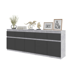 NOAH - Chest of 5 Drawers and 5 Doors - Bedroom Dresser Storage Cabinet Sideboard - Concrete / Anthracite  H75cm W200cm D35cm