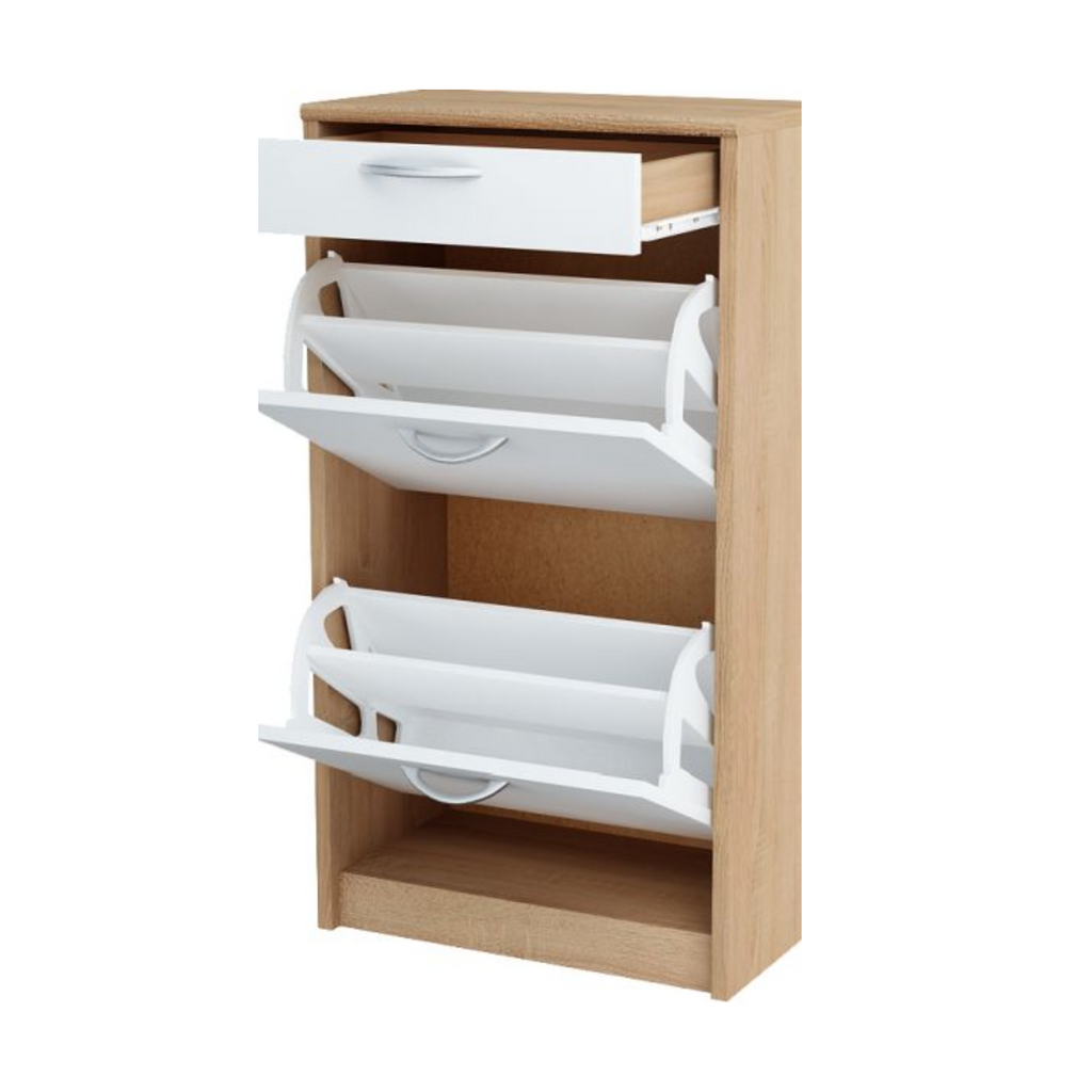 JULIA - Shoe Cabinet with 1 Drawer and 2 Tier Storage - Sonoma Oak / White Matt H92cm W50cm D28cm