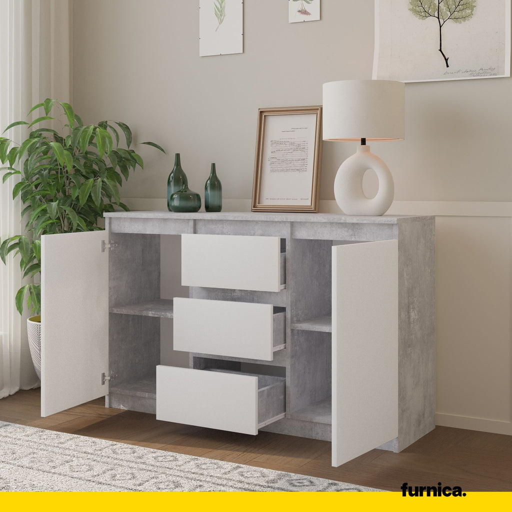 MIKEL - Chest of 3 Drawers and 2 Doors - Bedroom Dresser Storage Cabinet Sideboard - Concrete / White Matt H75cm W120cm D35cm