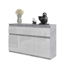 NOAH - Chest of 3 Drawers and 3 Doors - Bedroom Dresser Storage Cabinet Sideboard - Concrete / White Gloss H75cm W120cm D35cm