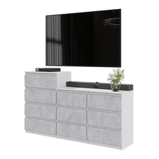 GABRIEL - Chest of 10 Drawers (6+4) - Bedroom Dresser Storage Cabinet Sideboard - White Matt / Concrete H92/70cm W160cm D33cm