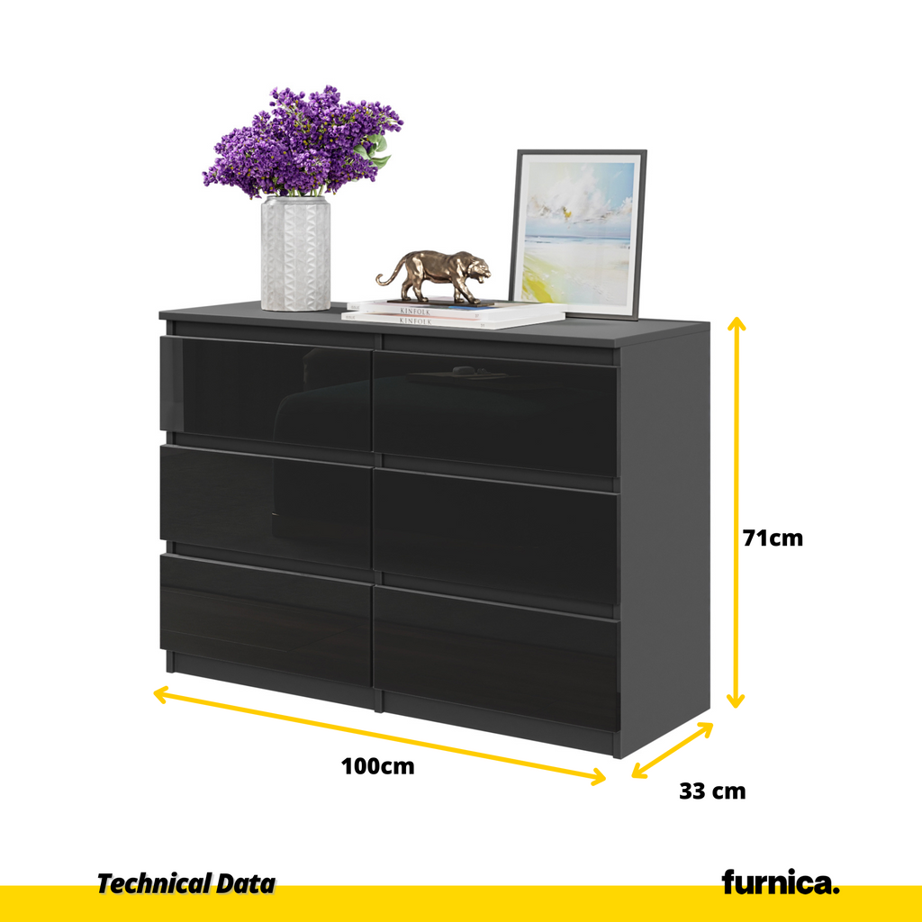 GABRIEL - Chest of 6 Drawers - Bedroom Dresser Storage Cabinet Sideboard - Anthracite / Black Gloss H71cm W100cm D33cm