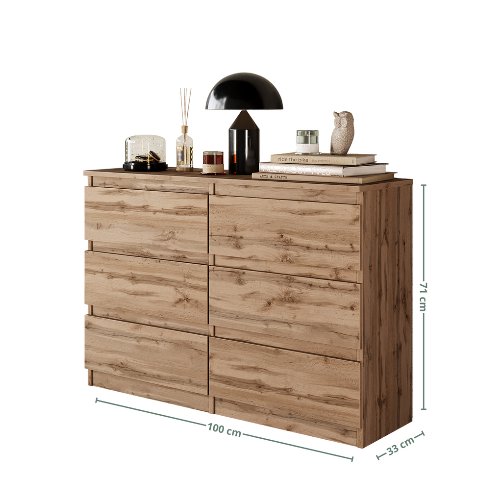 GABRIEL - Chest of 6 Drawers - Bedroom Dresser Storage Cabinet Sideboard - Wotan Oak H71cm W100cm D33cm