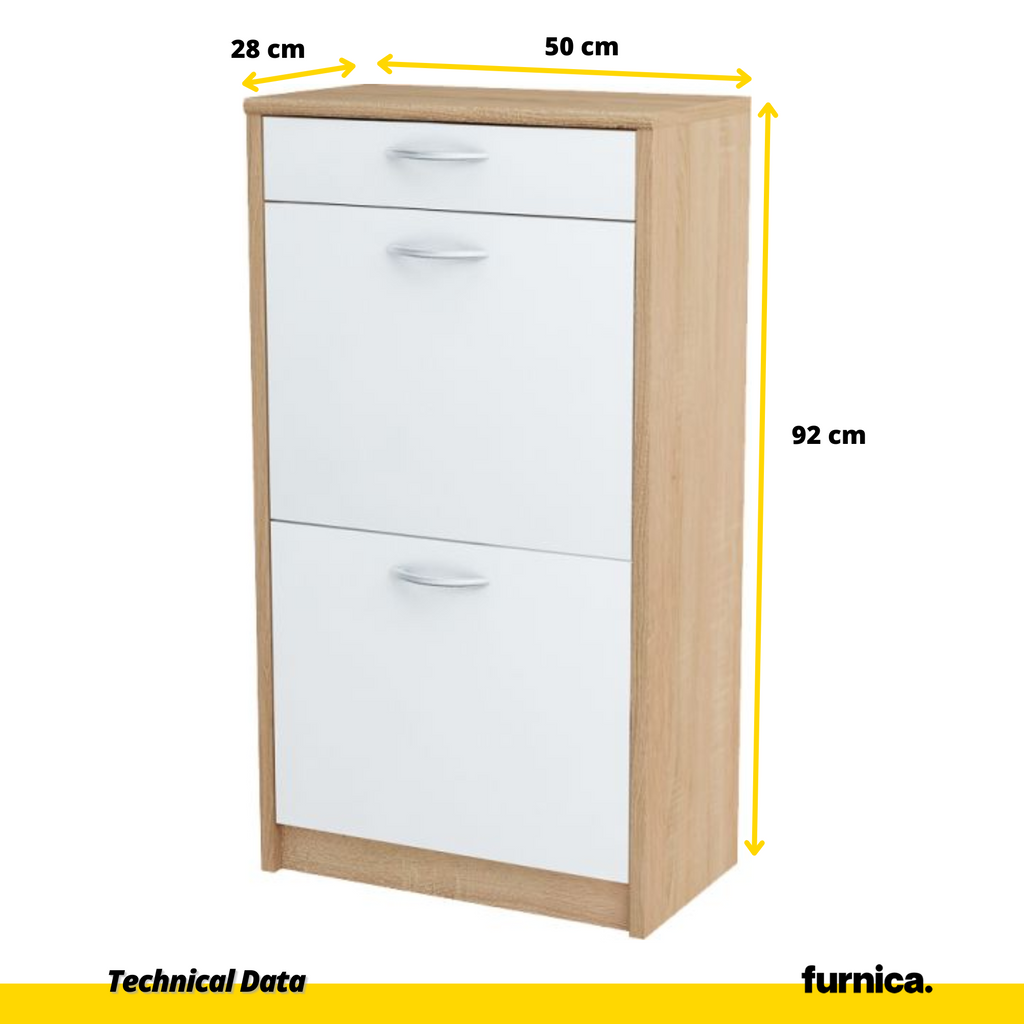 JULIA - Shoe Cabinet with 1 Drawer and 2 Tier Storage - Sonoma Oak / White Matt H92cm W50cm D28cm