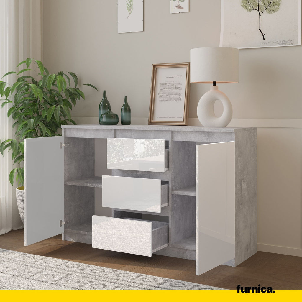 MIKEL - Chest of 3 Drawers and 2 Doors - Bedroom Dresser Storage Cabinet Sideboard - Concrete / White Gloss H75cm W120cm D35cm