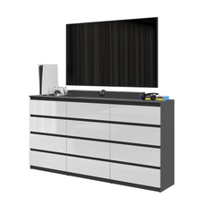 GABRIEL - Chest of 12 Drawers (8+4) - Bedroom Dresser Storage Cabinet Sideboard - Anthracite / White Gloss H92cm W180cm D33cm