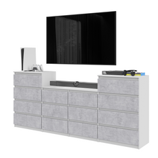 GABRIEL - Chest of 14 Drawers (4+6+4) - Bedroom Dresser Storage Cabinet Sideboard - White Matt / Concrete H92cm W220cm D33cm