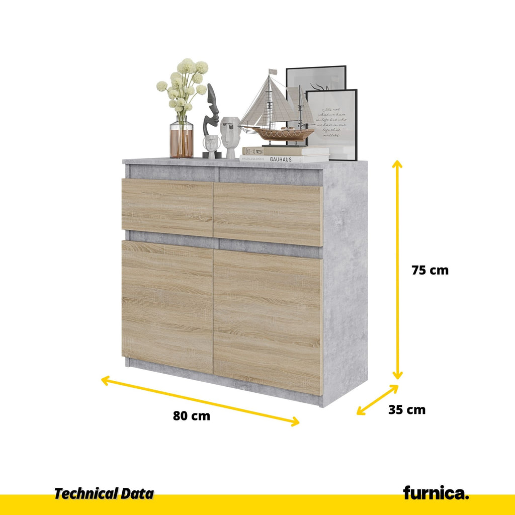 NOAH - Chest of 2 Drawers and 2 Doors - Bedroom Dresser Storage Cabinet Sideboard - Concrete / Sonoma Oak H75cm W80cm D35cm