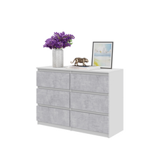 GABRIEL - Chest of 6 Drawers - Bedroom Dresser Storage Cabinet Sideboard - White Matt / Concrete H71cm W100cm D33cm