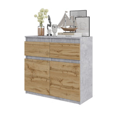 NOAH - Chest of 2 Drawers and 2 Doors - Bedroom Dresser Storage Cabinet Sideboard - Concrete / Wotan Oak H75cm W80cm D35cm