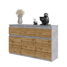 NOAH - Chest of 3 Drawers and 3 Doors - Bedroom Dresser Storage Cabinet Sideboard - Concrete / Wotan Oak H75cm W120cm D35cm