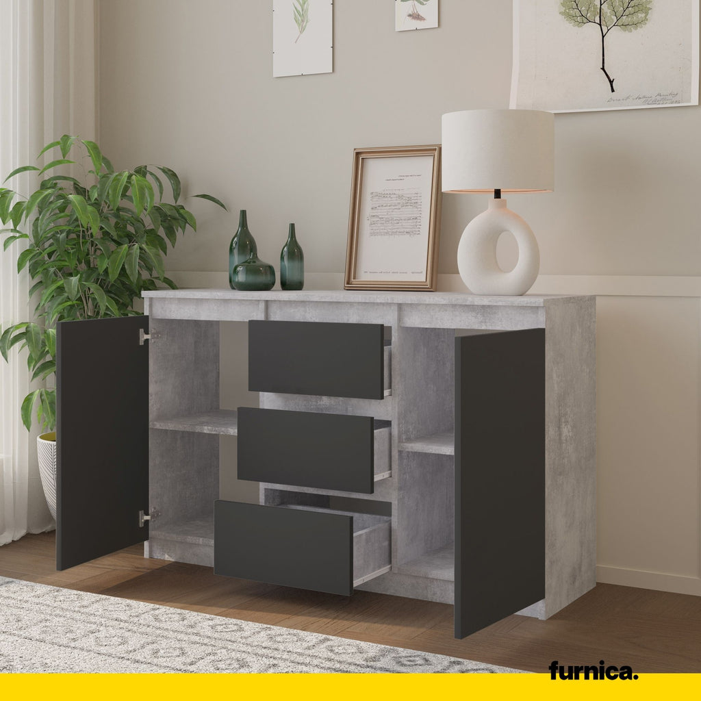 MIKEL - Chest of 3 Drawers and 2 Doors - Bedroom Dresser Storage Cabinet Sideboard - Concrete / Anthracite H75cm W120cm D35cm