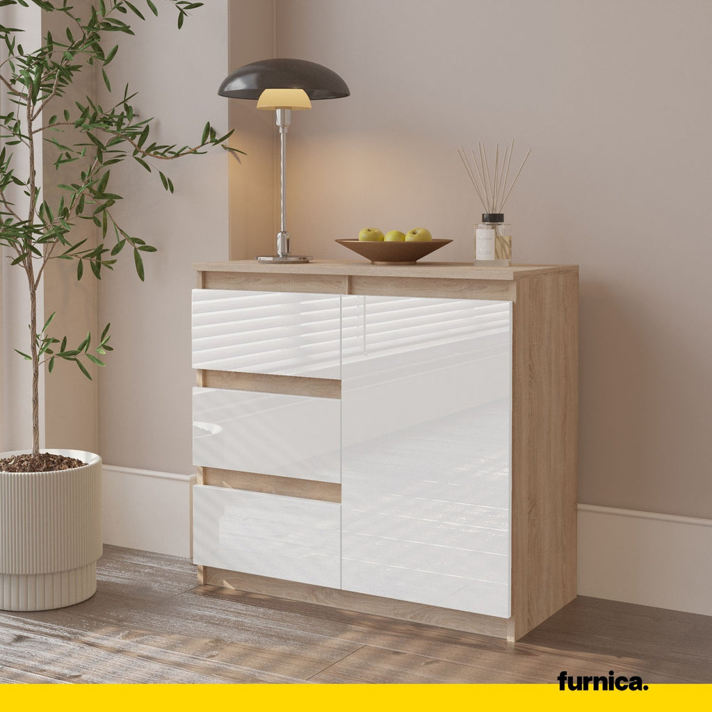 MIKEL - Chest of 3 Drawers and 1 Door - Bedroom Dresser Storage Cabinet Sideboard - Sonoma Oak / White Gloss H75cm W80cm D35cm