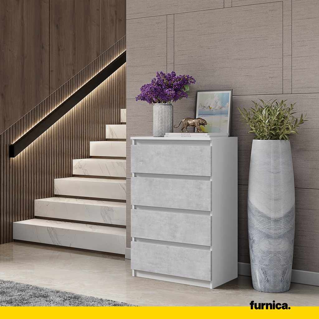 GABRIEL - Chest of 4 Drawers - Bedroom Dresser Storage Cabinet Sideboard - White Matt / Concrete H92cm W60cm D33cm