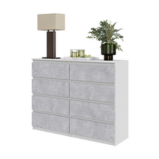GABRIEL - Chest of 8 Drawers - Bedroom Dresser Storage Cabinet Sideboard - White Matt / Concrete H92cm W120cm D33cm