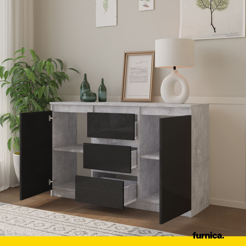 MIKEL - Chest of 3 Drawers and 2 Doors - Bedroom Dresser Storage Cabinet Sideboard - Concrete / Black Gloss H75cm W120cm D35cm
