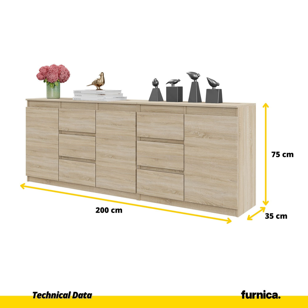 MIKEL - Chest of 6 Drawers and 3 Doors - Bedroom Dresser Storage Cabinet Sideboard - Sonoma Oak  H75cm W200cm D35cm