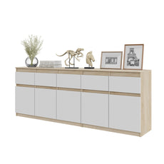 NOAH - Chest of 5 Drawers and 5 Doors - Bedroom Dresser Storage Cabinet Sideboard - Sonoma Oak / White Matt  H75cm W200cm D35cm