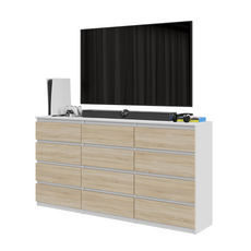 GABRIEL - Chest of 12 Drawers (8+4) - Bedroom Dresser Storage Cabinet Sideboard - White Matt / Sonoma Oak H92cm W180cm D33cm