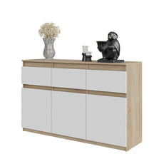NOAH - Chest of 3 Drawers and 3 Doors - Bedroom Dresser Storage Cabinet Sideboard - Sonoma Oak / White Matt H75cm W120cm D35cm