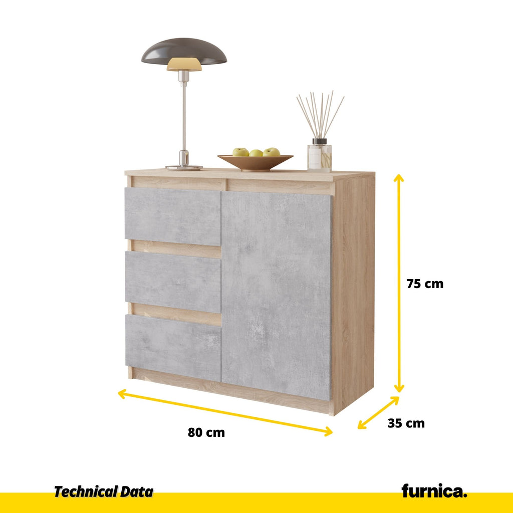MIKEL - Chest of 3 Drawers and 1 Door - Bedroom Dresser Storage Cabinet Sideboard - Sonoma Oak / Concrete H75cm W80cm D35cm