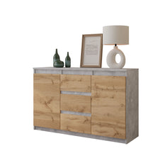 MIKEL - Chest of 3 Drawers and 2 Doors - Bedroom Dresser Storage Cabinet Sideboard - Concrete / Wotan Oak H75cm W120cm D35cm
