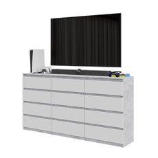 GABRIEL - Chest of 12 Drawers (8+4) - Bedroom Dresser Storage Cabinet Sideboard - Concrete / White Matt H92cm W180cm D33cm