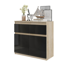 NOAH - Chest of 2 Drawers and 2 Doors - Bedroom Dresser Storage Cabinet Sideboard - Sonoma Oak / Black Gloss H75cm W80cm D35cm