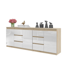 MIKEL - Chest of 6 Drawers and 3 Doors - Bedroom Dresser Storage Cabinet Sideboard - Sonoma Oak / White Gloss H75cm W200cm D35cm