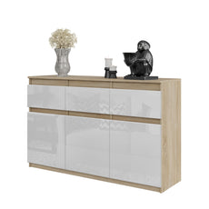 NOAH - Chest of 3 Drawers and 3 Doors - Bedroom Dresser Storage Cabinet Sideboard - Sonoma Oak / White Gloss H75cm W120cm D35cm