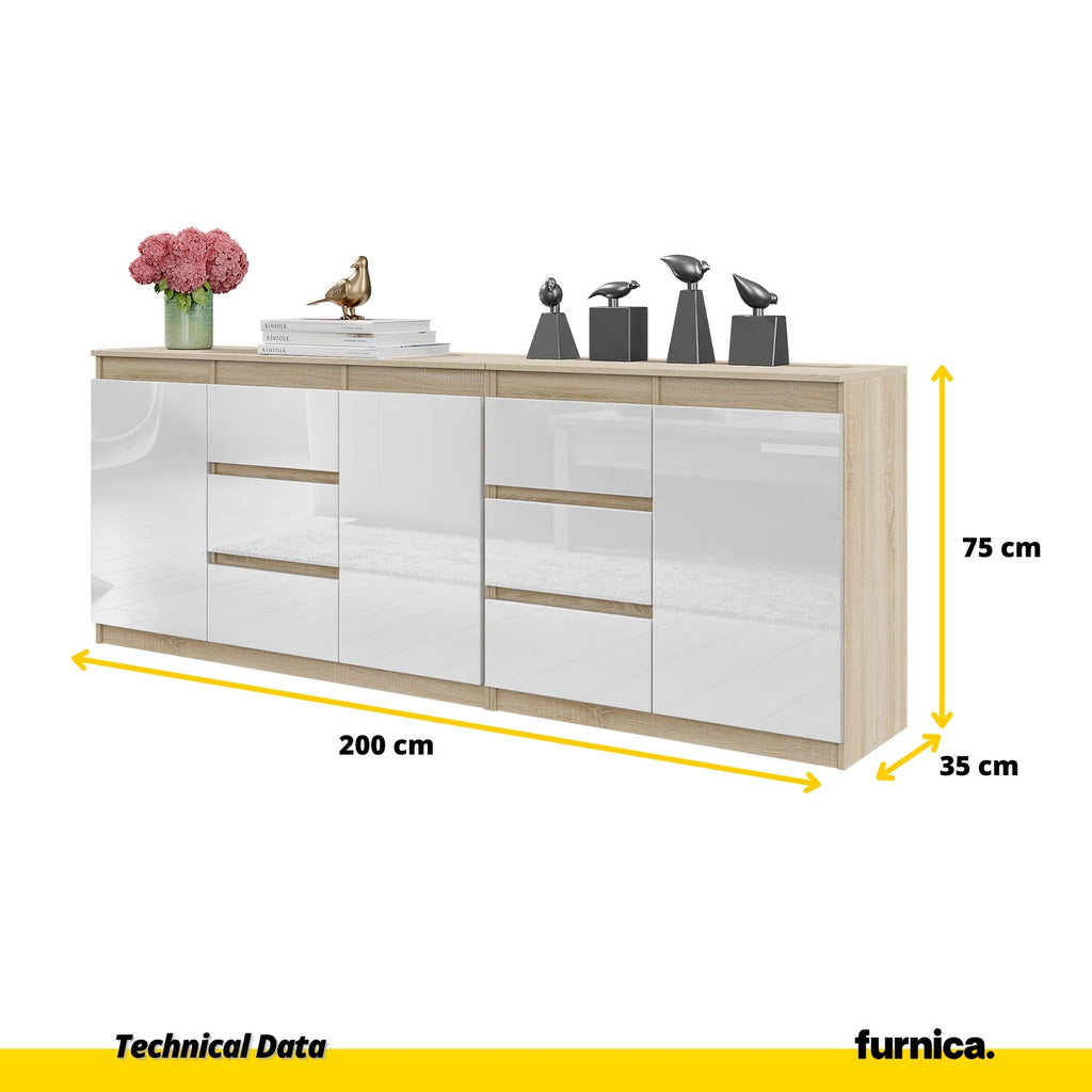 MIKEL - Chest of 6 Drawers and 3 Doors - Bedroom Dresser Storage Cabinet Sideboard - Sonoma Oak / White Gloss H75cm W200cm D35cm