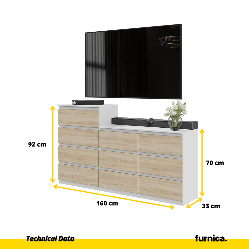 GABRIEL - Chest of 10 Drawers (6+4) - Bedroom Dresser Storage Cabinet Sideboard - White Matt / Sonoma Oak H92/70cm W160cm D33cm