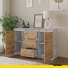 MIKEL - Chest of 3 Drawers and 2 Doors - Bedroom Dresser Storage Cabinet Sideboard - Concrete / Wotan Oak H75cm W120cm D35cm