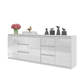 MIKEL - Chest of 6 Drawers and 3 Doors - Bedroom Dresser Storage Cabinet Sideboard - White Matt/White Gloss  H75cm W200cm D35cm