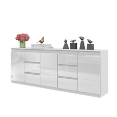 MIKEL - Chest of 6 Drawers and 3 Doors - Bedroom Dresser Storage Cabinet Sideboard - White Matt/White Gloss  H75cm W200cm D35cm