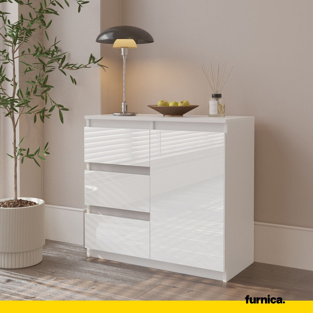 MIKEL - Chest of 3 Drawers and 1 Door - Bedroom Dresser Storage Cabinet Sideboard - White Matt / White Gloss H75cm W80cm D35cm