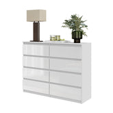 GABRIEL - Chest of 8 Drawers - Bedroom Dresser Storage Cabinet Sideboard - White Gloss H92cm W120cm D33cm