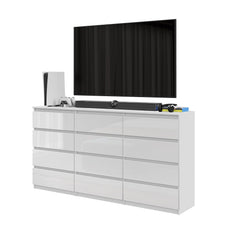GABRIEL - Chest of 12 Drawers (8+4) - Bedroom Dresser Storage Cabinet Sideboard - White Gloss H92cm W180cm D33cm