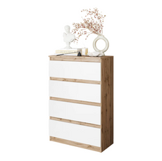 GABRIEL - Chest of 4 Drawers - Bedroom Dresser Storage Cabinet Sideboard - Wotan Oak / White Matt H92cm W60cm D33cm