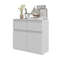NOAH - Chest of 2 Drawers and 2 Doors - Bedroom Dresser Storage Cabinet Sideboard - White Matt H75cm W80cm D35cm