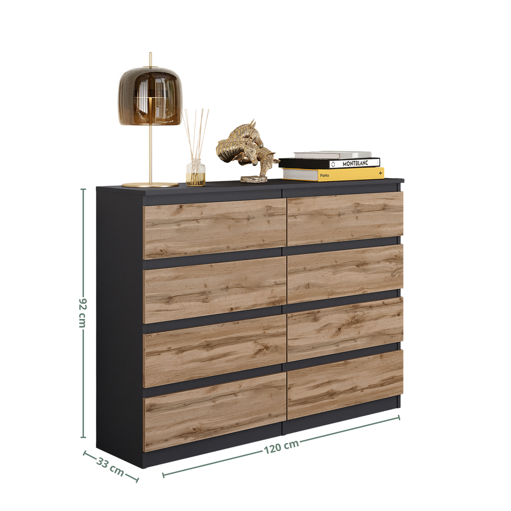 GABRIEL - Chest of 8 Drawers - Bedroom Dresser Storage Cabinet Sideboard - Anthracite / Wotan Oak H92cm W120cm D33cm