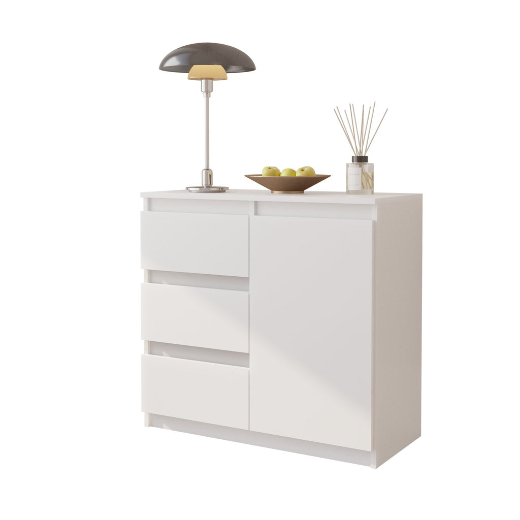 MIKEL - Chest of 3 Drawers and 1 Door - Bedroom Dresser Storage Cabinet  Sideboard - White Matt H75cm W80cm D35cm - Furnica