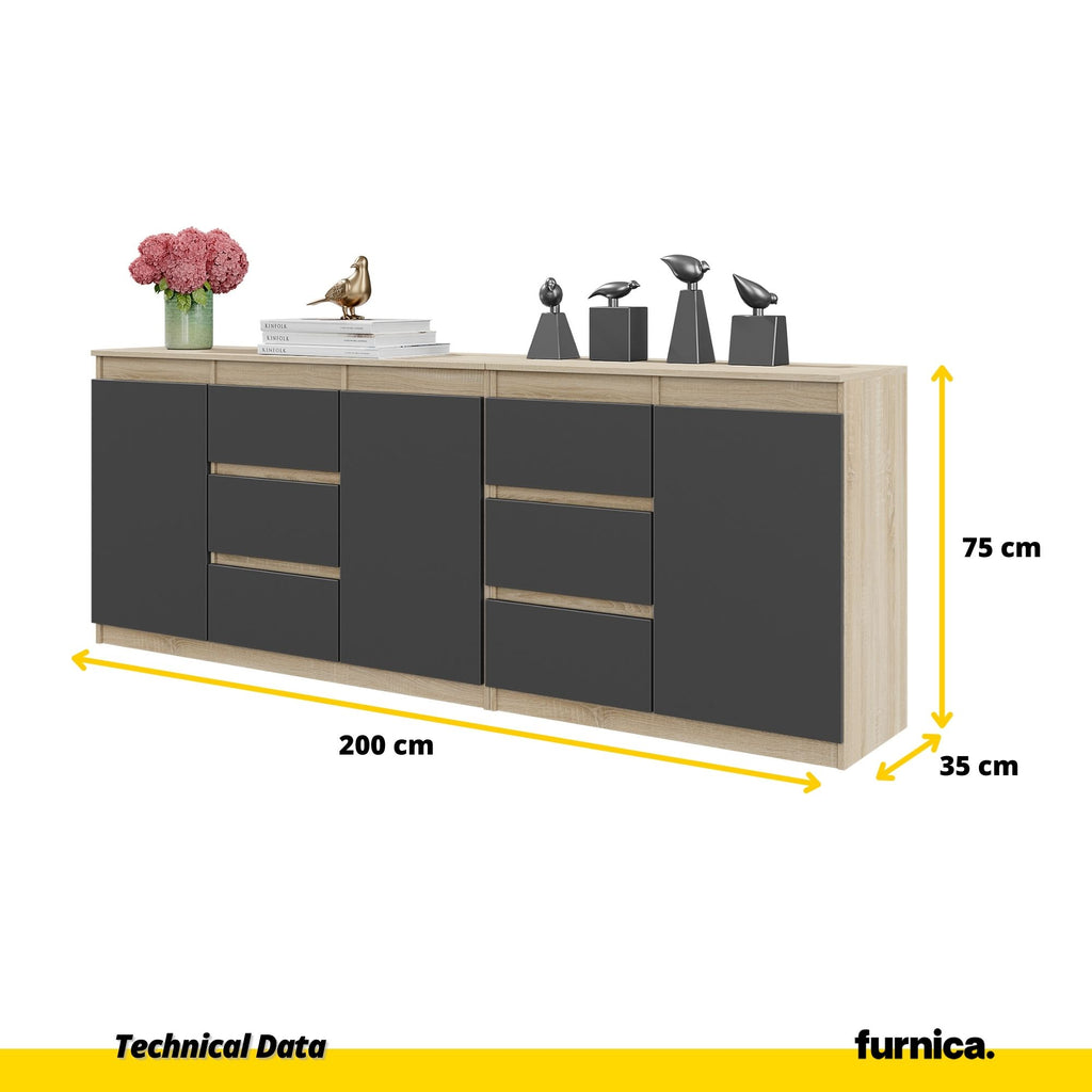 MIKEL - Chest of 6 Drawers and 3 Doors - Bedroom Dresser Storage Cabinet Sideboard - Sonoma Oak / Anthracite  H75cm W200cm D35cm