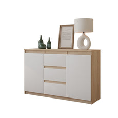 MIKEL - Chest of 3 Drawers and 2 Doors - Bedroom Dresser Storage Cabinet Sideboard - Sonoma Oak / White Matt H75cm W120cm D35cm
