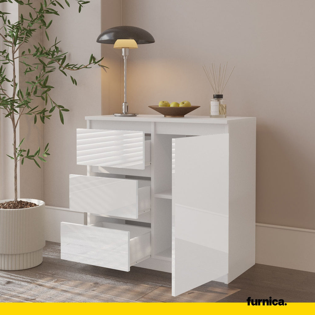 MIKEL - Chest of 3 Drawers and 1 Door - Bedroom Dresser Storage Cabinet Sideboard - White Matt / White Gloss H75cm W80cm D35cm