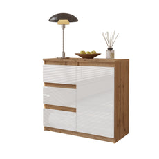 MIKEL - Chest of 3 Drawers and 1 Door - Bedroom Dresser Storage Cabinet Sideboard - Wotan Oak / White Gloss H75cm W80cm D35cm