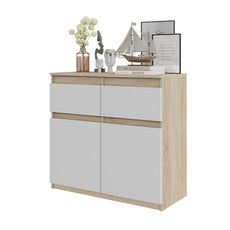 NOAH - Chest of 2 Drawers and 2 Doors - Bedroom Dresser Storage Cabinet Sideboard - Sonoma Oak / White Matt H75cm W80cm D35cm