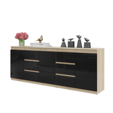 MIKEL - Chest of 6 Drawers and 3 Doors - Bedroom Dresser Storage Cabinet Sideboard - Sonoma Oak / Black Gloss H75cm W200cm D35cm