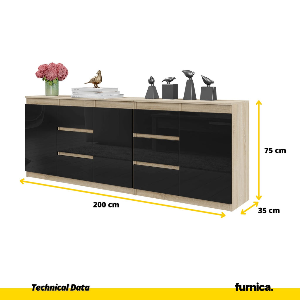 MIKEL - Chest of 6 Drawers and 3 Doors - Bedroom Dresser Storage Cabinet Sideboard - Sonoma Oak / Black Gloss H75cm W200cm D35cm